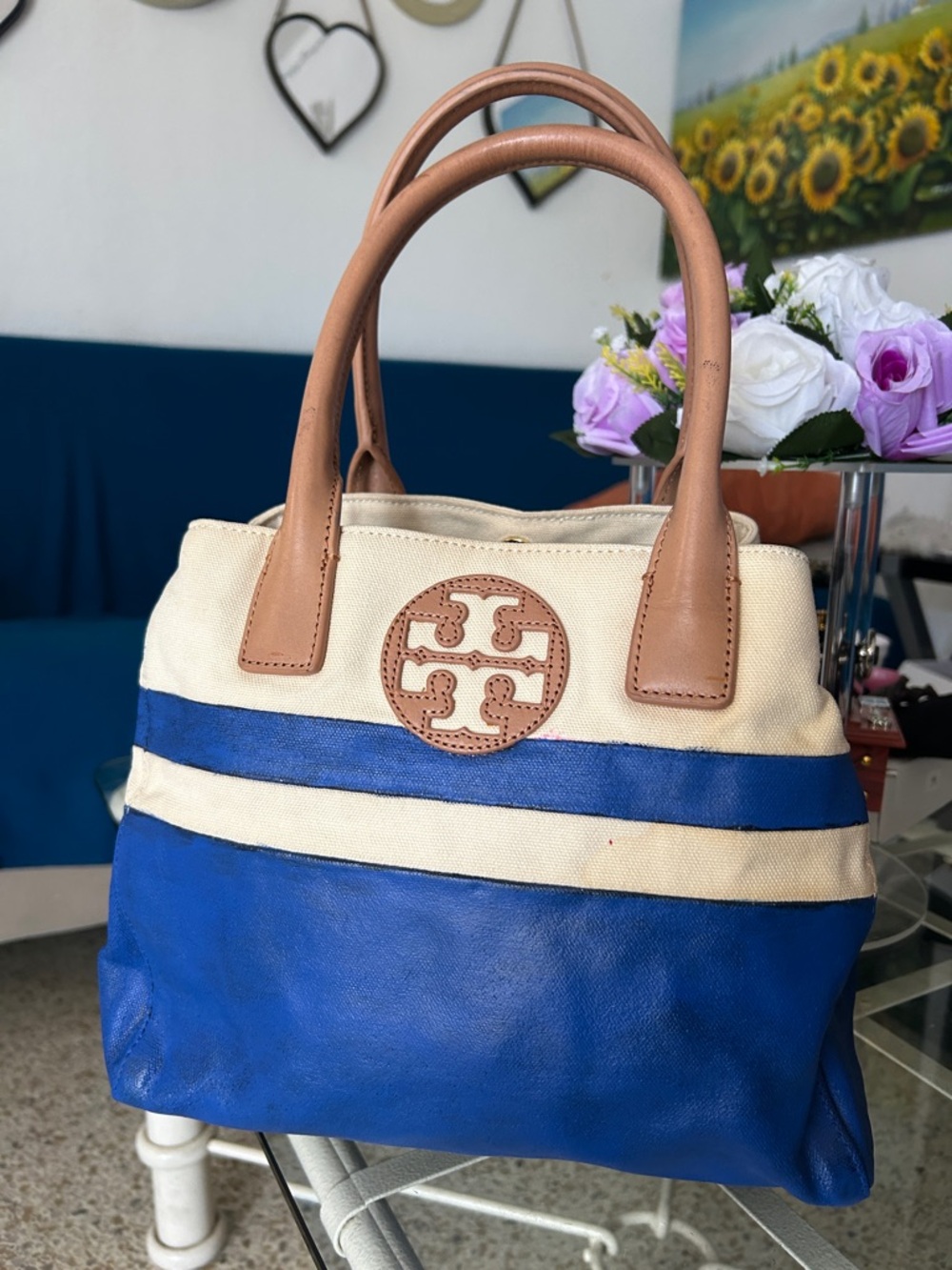 Tory Burch Blue, Cream & Tan Canvas Leather Tote - Picture 14 of 16